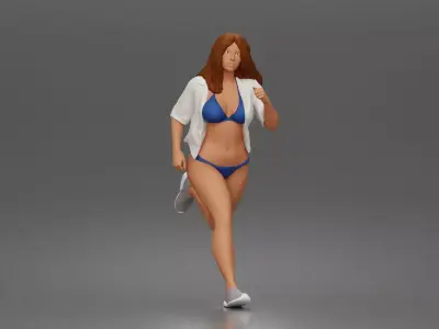 Running woman wearing top and open shirt with sneakers 3D print model