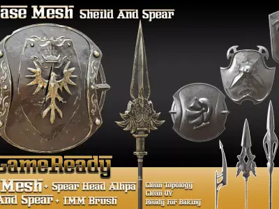 70 Base Mesh Vol 2 Sheild and Spear Game Ready Low-poly 3D model