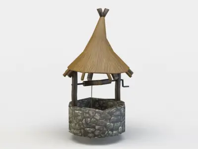 Well stone pot with thatched roof Low-poly 3D model