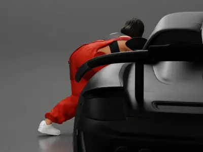 Girl mechanic in overalls removing the wheel car 3D print model