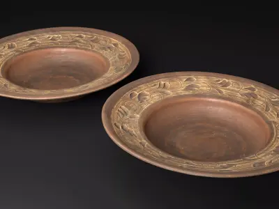 Wide Clay Plate with Floral Ornament Low-poly 3D model