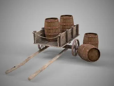 Low-poly 3D model collection of cart and wooden barrels Low-poly 3D model