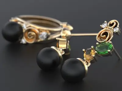 Stylish antique set of earrings and a ring for pearls 389 3D print model