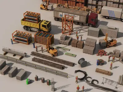 Construction site asset package vehicles  materials Low-poly 3D model