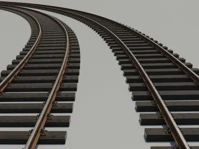 Railway track with wooden concrete metal sleepers Low-poly 3D model
