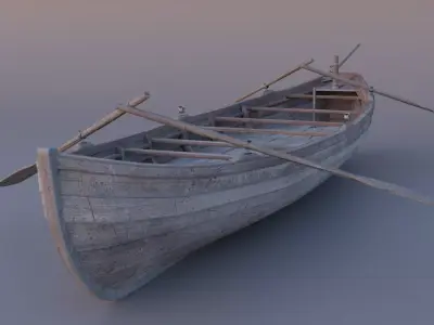 Rowboat wooden boat with two oars Low-poly 3D model