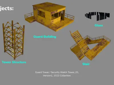 PBR Low Poly Guard Tower Security Watch Tower Yellow Rusted Low-poly 3D model