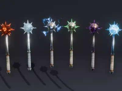 Set of 6 Elemental MorningStar - Medieval weapon -  Morning Star Low-poly 3D model