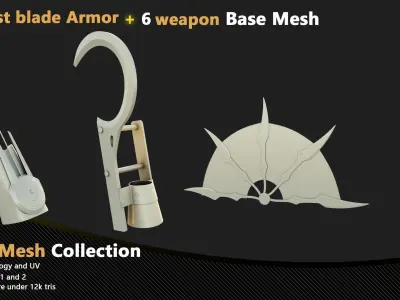 10 Wrist blade Armor and  6 weapon Base Mesh - VOL 07 Low-poly 3D model