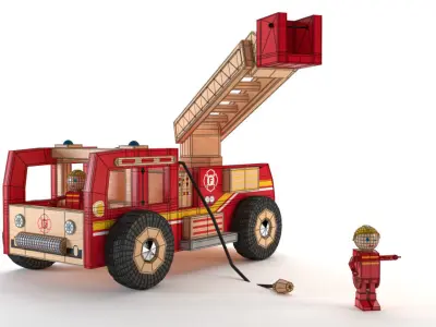 Fireman Truck Wood Toy - Camion de pompiers en bois - Jouet Low-poly 3D model