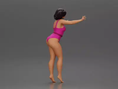 Woman with short black hair wearing pink swimsuit raising arms 3D print model