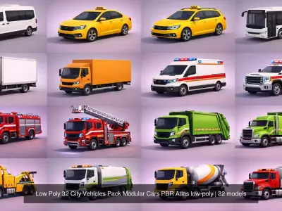 Low Poly 32 City Vehicles Pack Cars Pickups PBR Atlas low-poly