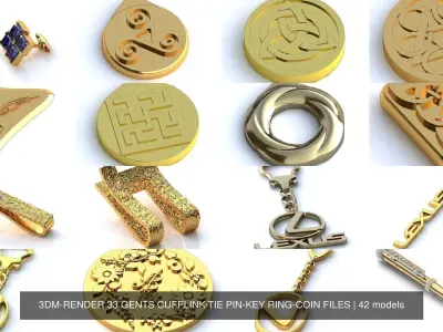3DM-RENDER 42 GENTS CUFFLINK-TIE PIN-KEY RING-COIN FILES 3D Model Pack