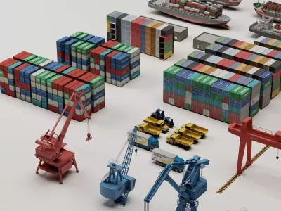 Port Logistics Container Terminal Cargo Ship Crane Asset Pack 3D model