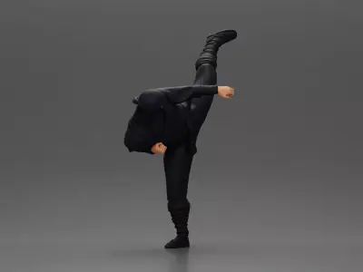 Ninja in black uniform performs high side kick with precision 3D print model