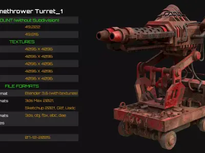 Flamethrower Turret-1-Rusty-Red 3D model