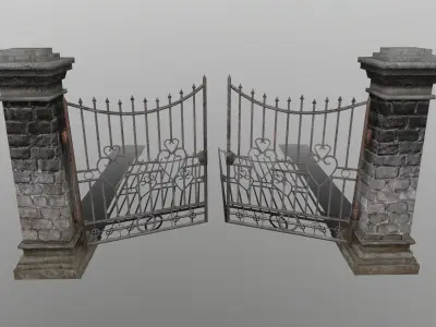 wall set stone with iron railings Low-poly 3D model