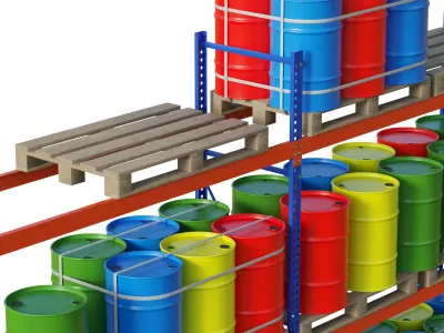Metal Shelf Pallet Rack And Barrels 3D model