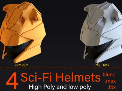 4 Sci-Fi Helmets-High poly and Low poly 3D model
