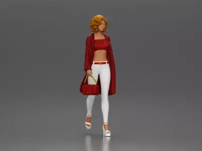 Woman with curly hair wearing red coat walking holding handbag 3D print model