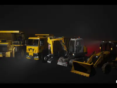 Driveable Animated Construction Vehicles Set of 4 Low-poly 3D model
