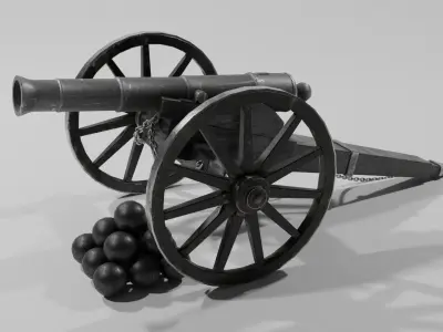 Old Cannon with cannonballs Low-poly 3D model