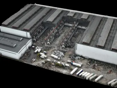 factory destroyed industrial roofs drone photogrammetry 3D model