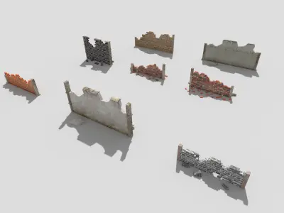 8 broken walls pack Low-poly 3D model