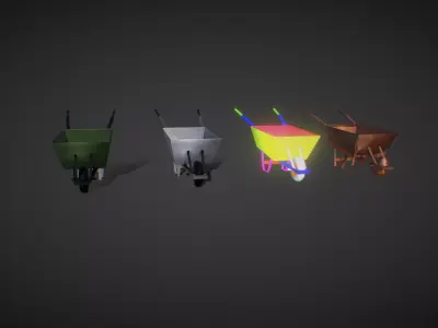 Whellbarrow 3d low poly model different colored wheelbarrows Low-poly 3D model