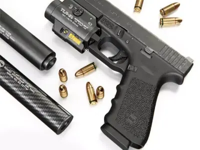 Pistol Glock 17 Gen4 with Flashlight and Silencer 3D model