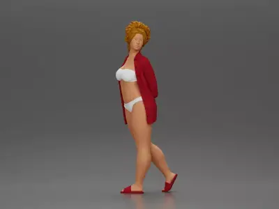 Chic woman in a red shirt and white confidently walking 3D print model