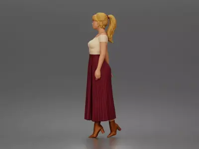 shopper strolls downtown wearing off shoulder top pleated skirt 3D print model