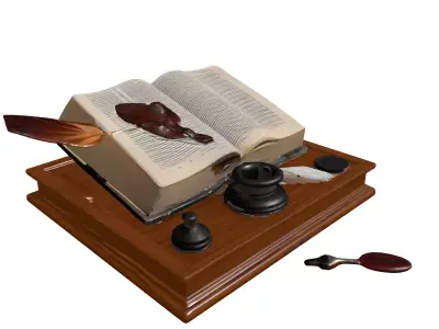 Vintage Book Inkwell Quill Set Low-poly 3D model