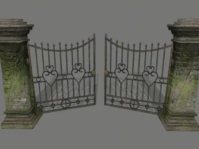wall set 6 stone with iron railings Low-poly 3D model