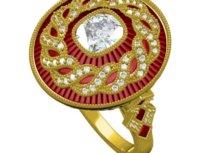 Filigree Art Deco Ruby Diamond Cushion Cut Diamond Ring 3D print model