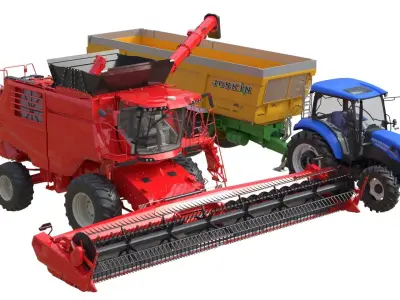 Combine Harvester Tractor Trailor Low-poly 3D model