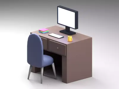 Minimalist Work Desk with Computer and Chair Free 3D model
