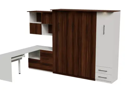 White Desk Dark Brown Cabinet Wall Bed Closed 3D model