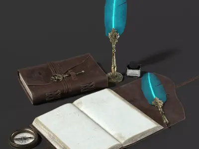 Antique Pen and Ink with Diary Low-poly 3D model