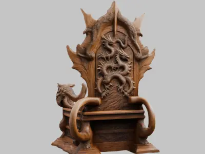 Medieval Fantasy Wooden Carved Dragon Throne Chair Low-poly 3D model