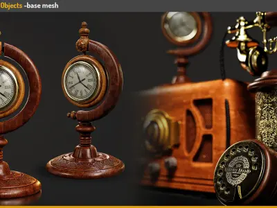 Antique Home Props 3D Pack   Vintage Phone  Radio  and Clock Low-poly 3D model