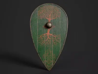 Slavic kite wooden shield-painted green with trees symbol Low-poly 3D model