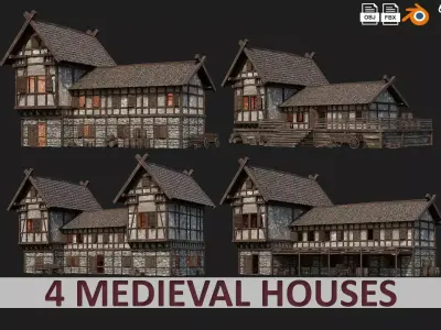 4 Old Medieval Building House Pack 4K Tex GameReady 65 to 68 Low-poly 3D model