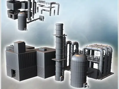 Industrial building set with storage silo and ventilation chimne 3D print model