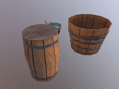 Buckets wooden bucket with water in it Free low-poly 3D model