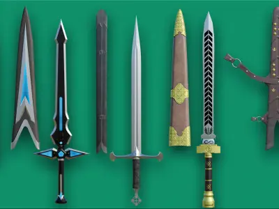 10 Swords Collection PBR Unity UE Arnold V-Ray Textures Included 3D Model Pack