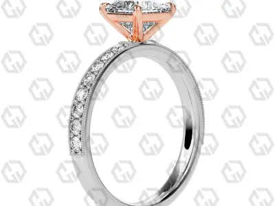 Ring 68 Princess Shape milgrain pave set ring with Gems 3D print model