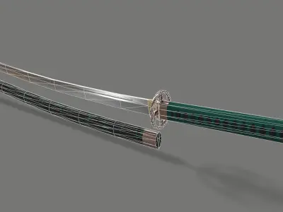 PBR Katana Japanese Sword Green Low-poly 3D model