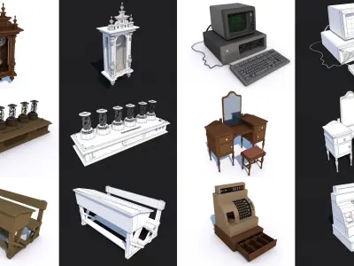 80 Vintage Antique Interior Exterior Furniture Props Collection Low-poly 3D model