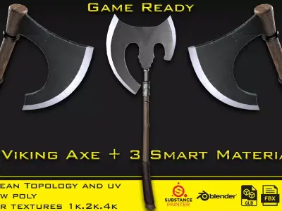 2 Axe with 3 Smart material - Game ready Low-poly 3D model